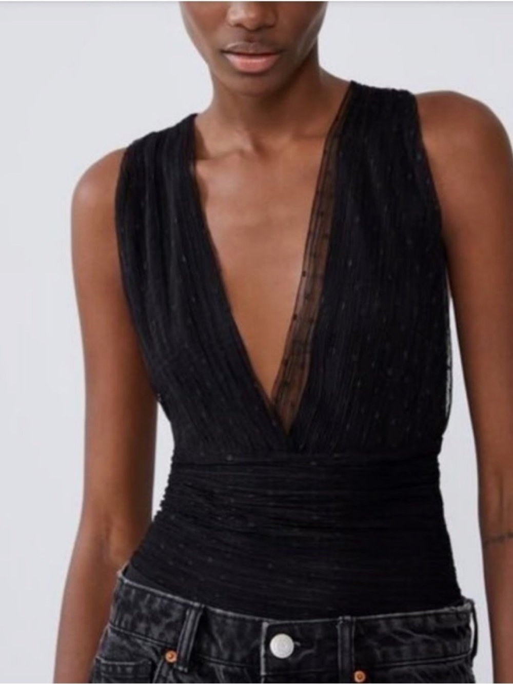 ZARA Black Mesh Sheer Deep V-Neck Bodysuit Size M